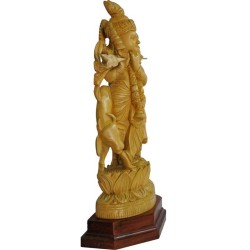 Radha Krishna With Cow wooden Statue