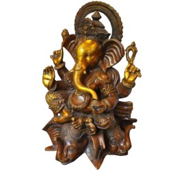 Ganesha Seated On Four Headed Elephant Brass Idol