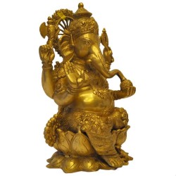 Lord Ganesh Brass Idol sitting on a Lotus