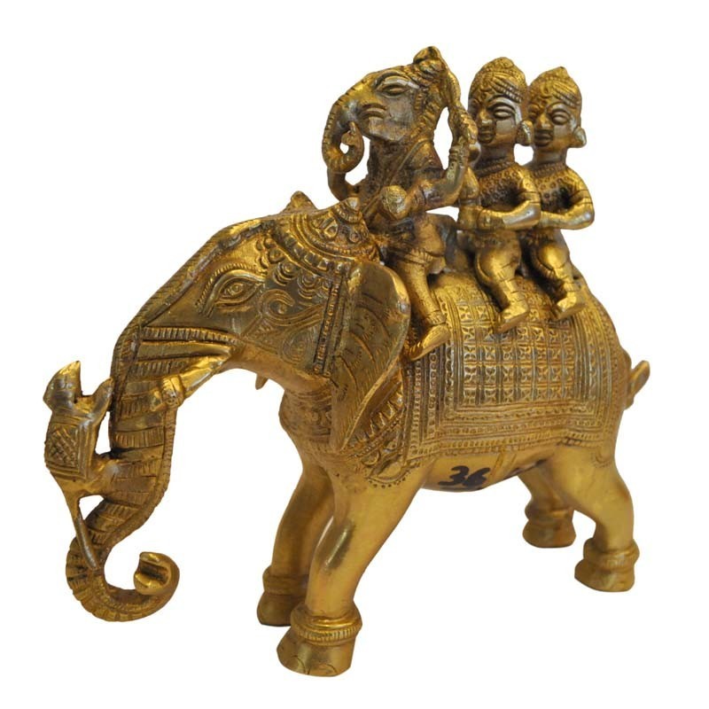 Ganesha With Sidhi & Budhi Sitting on Elephant Brass Statue