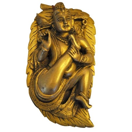 Wall Hanging Krishna on Leaf Brass Idol