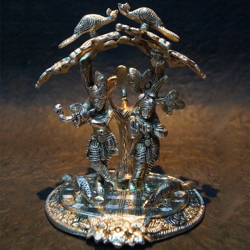 Aluminium Idol of Radha Krishna with Peacocks