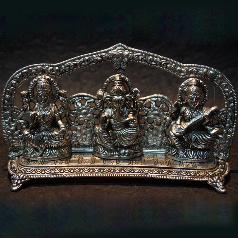 Aluminium Lakshmi Ganesha Saraswathi sitting on peeta