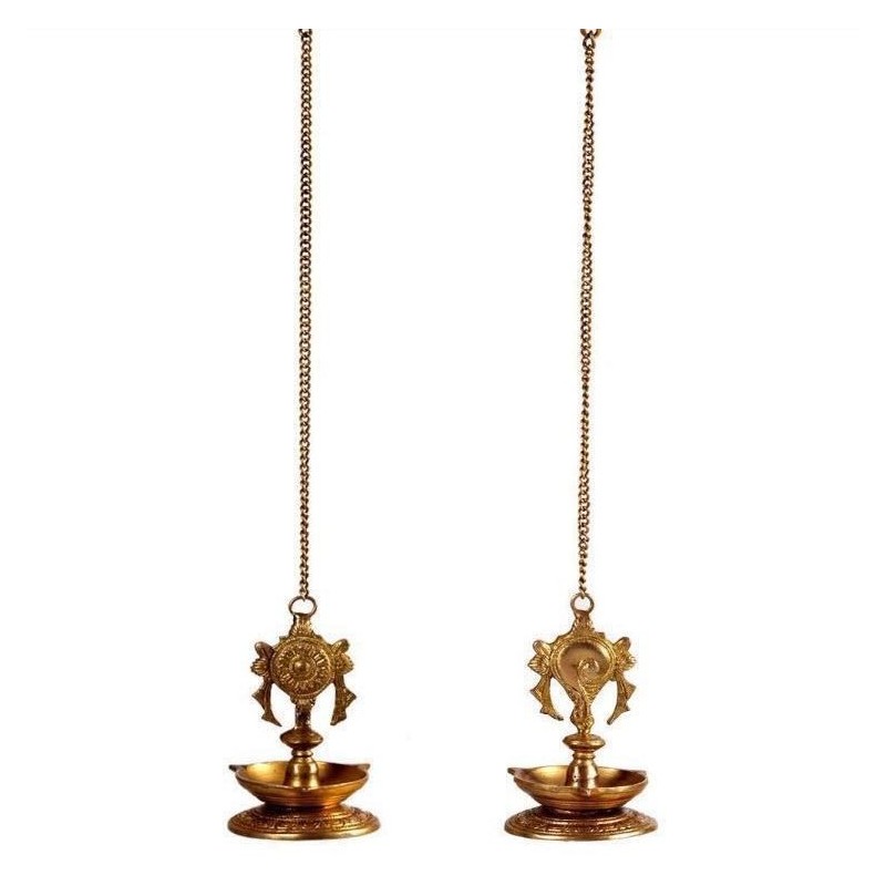 Shanka Chakara Hanging Brass Deepa (Pair) with Base