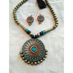 Terracotta circular flower Shaped Pendent Necklace with earrings