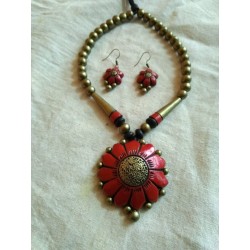 Terracotta Sun flower Shaped Pendent Necklace with earrings