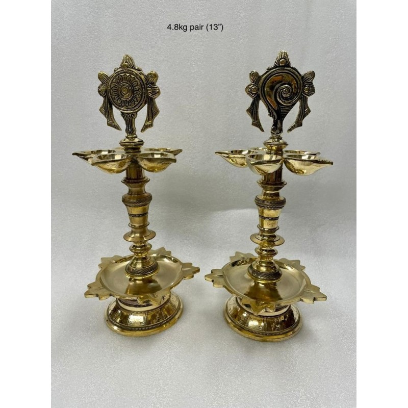 Two Stage  lamp Shanka Chakra Brass Deepa Pair