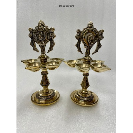 Shanka Chakra Brass Deepa Pair with Five diyas and stem