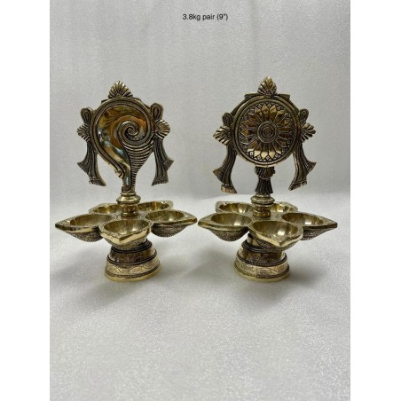 Shanka Chakra Brass Deepa Pair with Five diyas