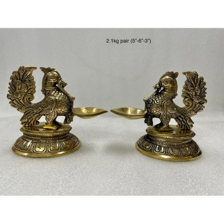 Fine Carved Antique Peacock Diya Pair