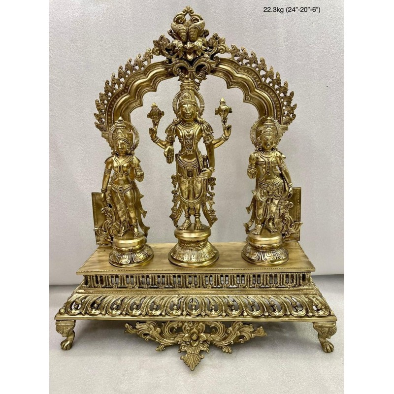 Lord Vishnu with Bhumi and  Lakshmi Bronze Statue