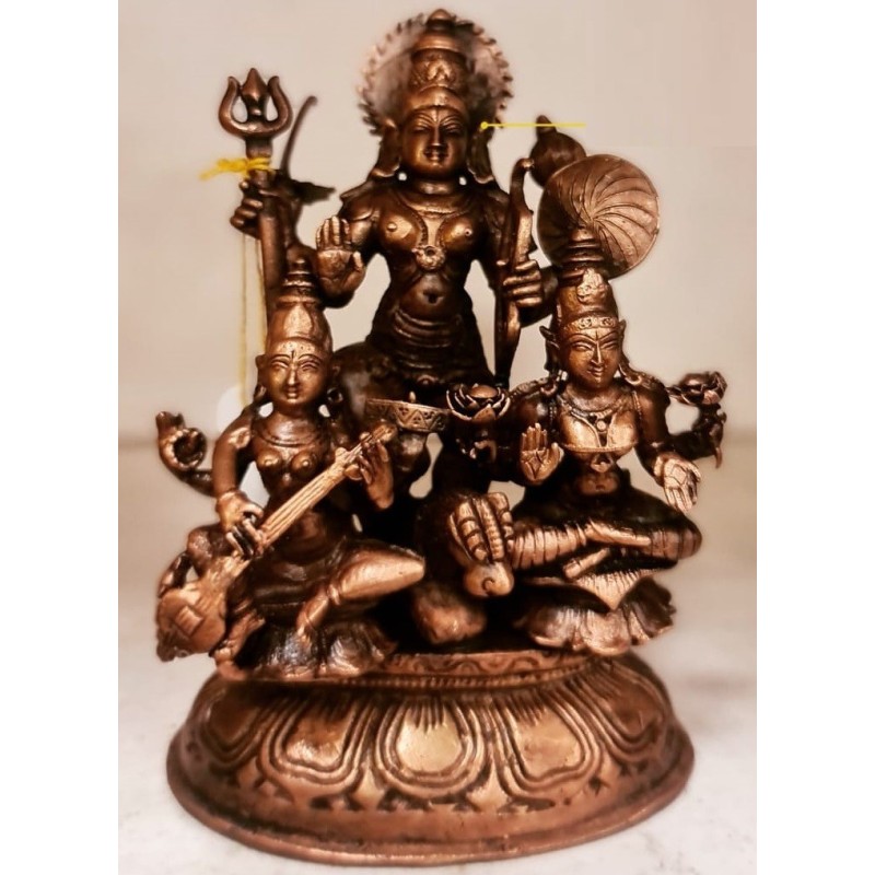 Devi with Lakshmi and Saraswathi Copper Statue