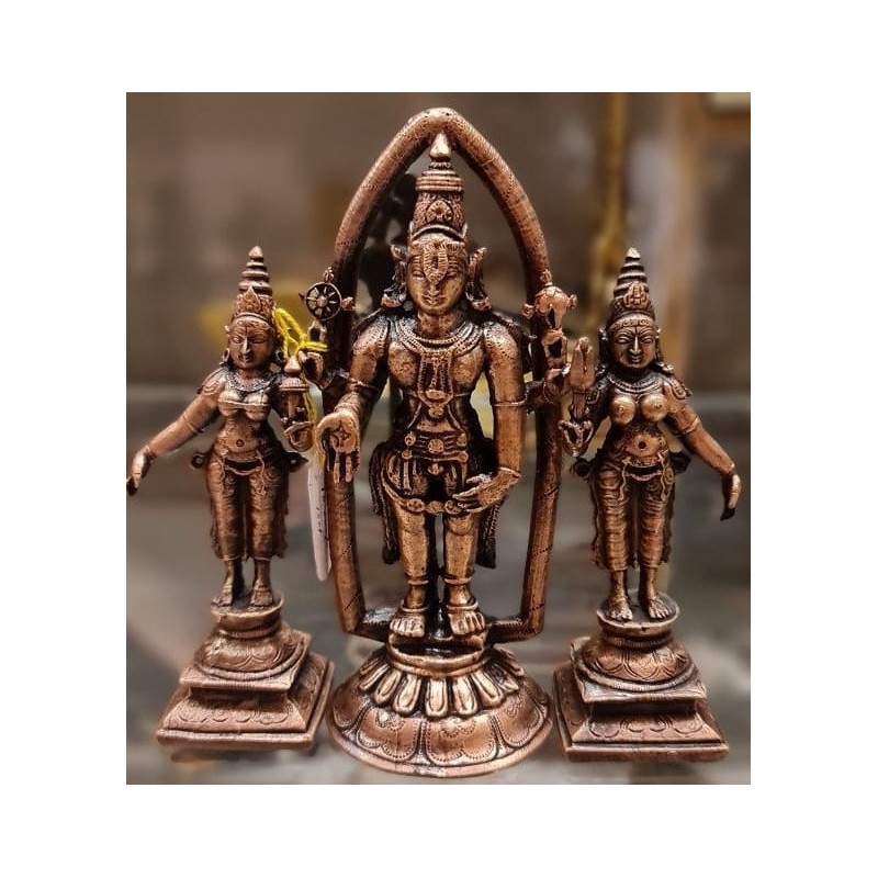 Lord Vishnu with Sridevi and Bhudevi Copper Statue