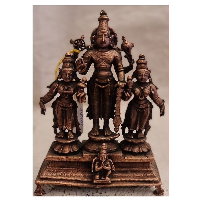 Sridevi Bhudevi Vishnu on Single Platform Copper Statue