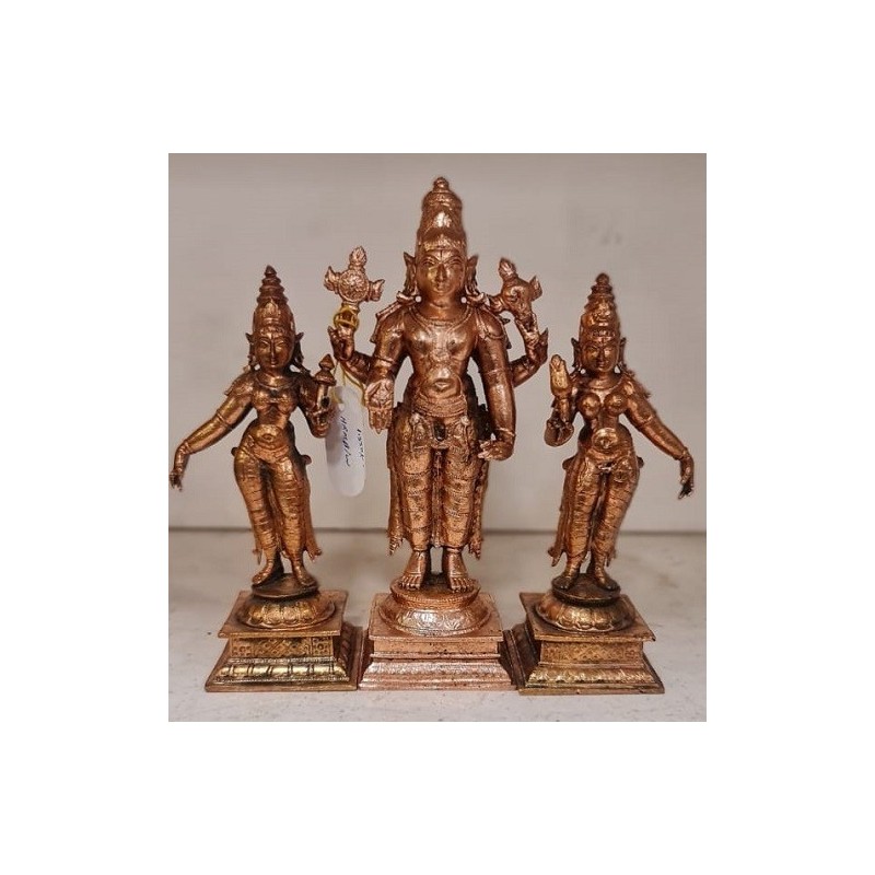 Lord Narayana with Sridevi and Bhudevi Copper Statue