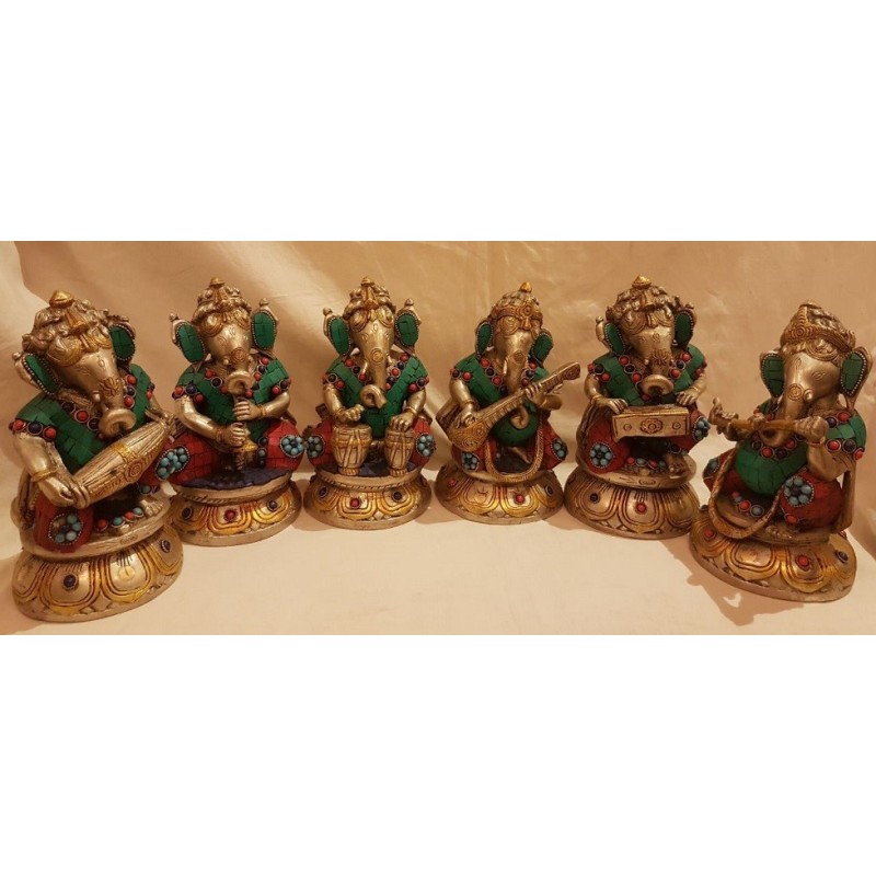 Sitting Brass Coral finish Ganesha Musician set