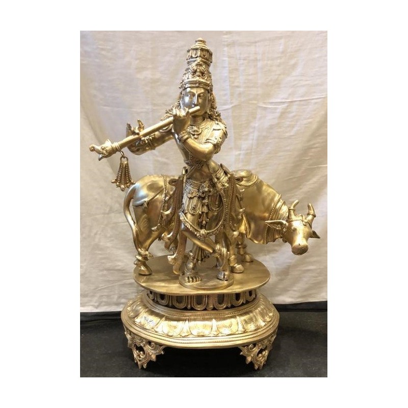 Fine finish Bronze Murali Krishna with cow Statue