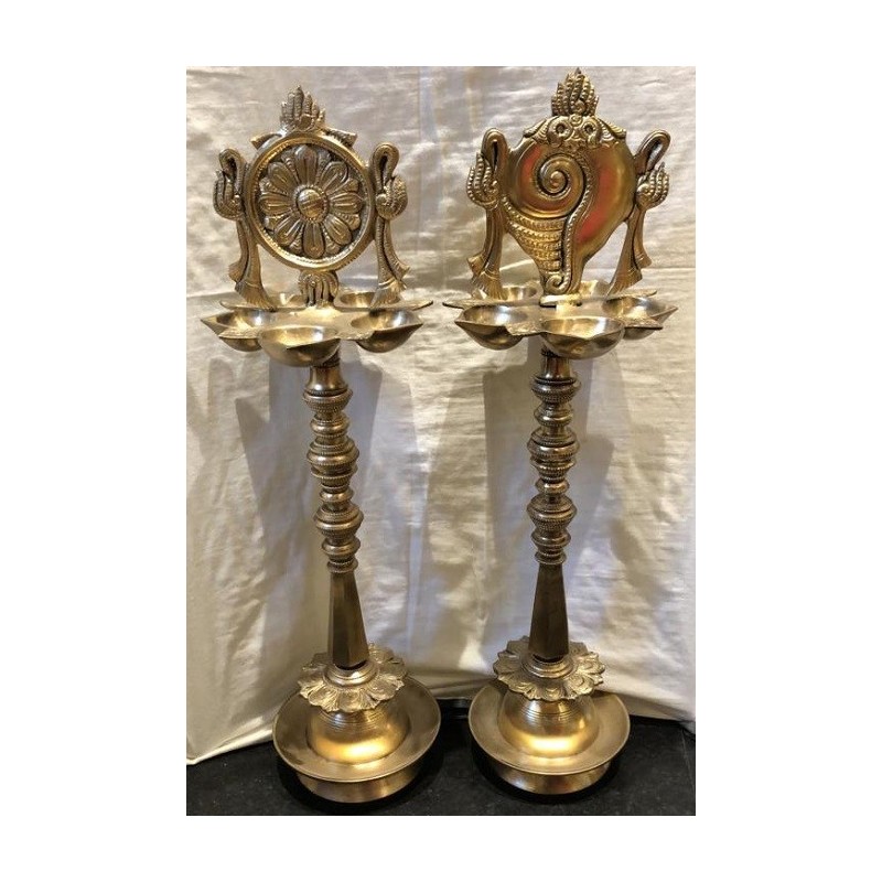 Pole type Shanka Chakra Bronze Deepa Pair