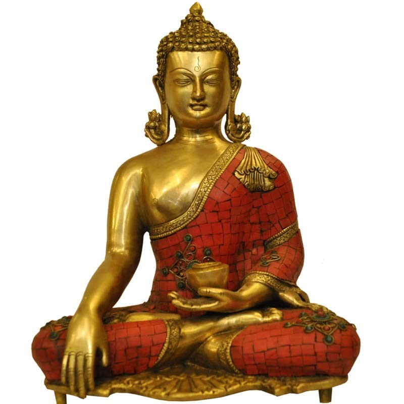 Buddha Coral Stone Work Brass Statue