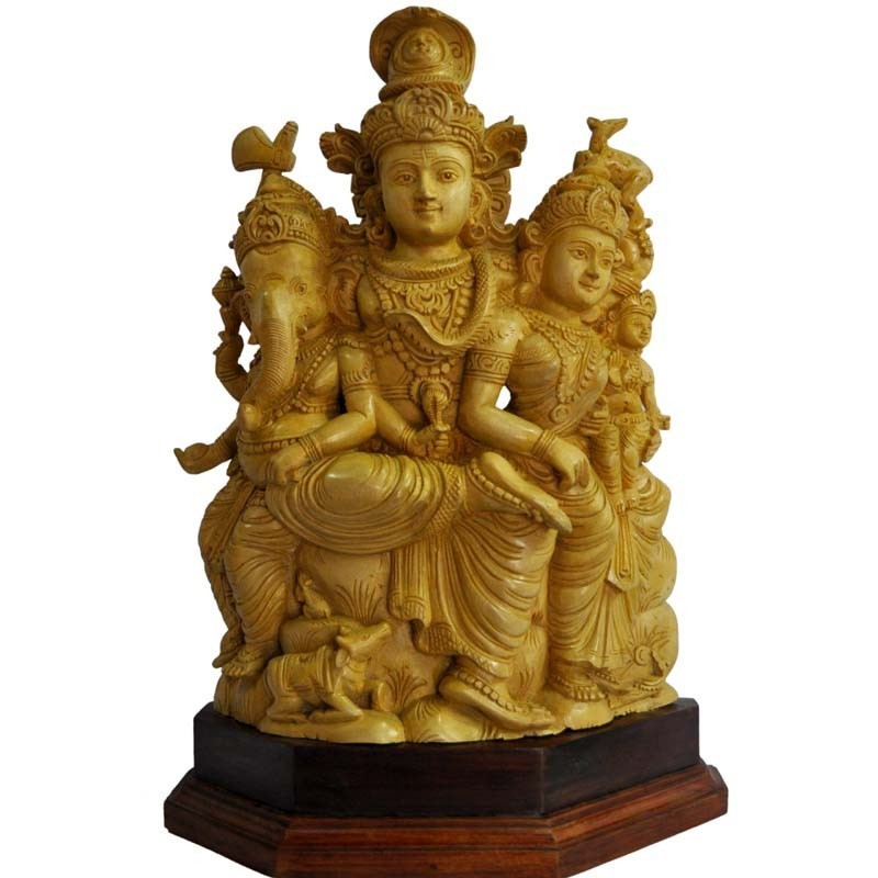 Shiva, Parvathi, Ganesha Wood Statue